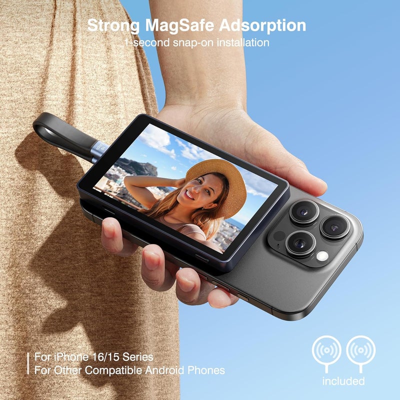 TTQ Vlog Selfie Monitor Screen, Magnetic Phone Vlog Selfie Monitor Screen 4K 30fps Bluetooth Remote, Back Camera Monitor for Vlog Live Stream TikTok, Compatible with iPhone & Android - Image 3
